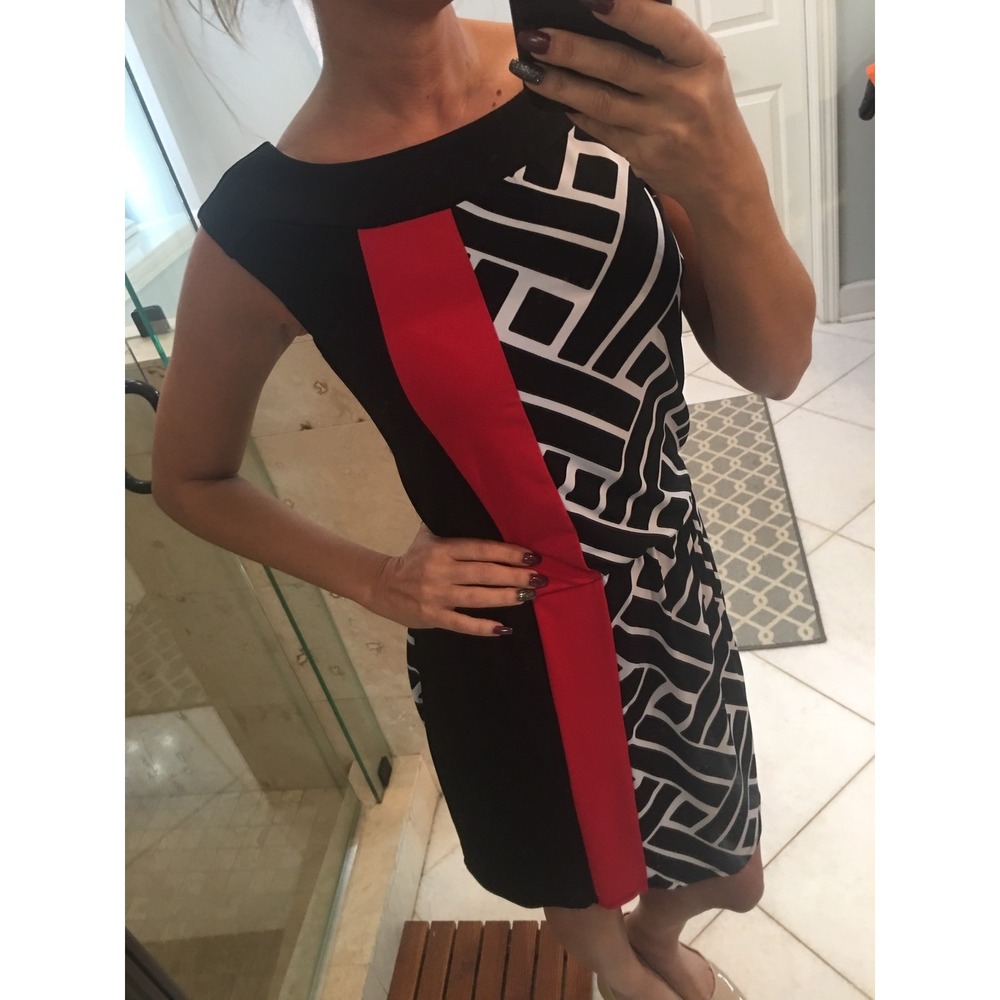 White House Black Market Jersey Dress XS Black Red Striped Geometric Christmas